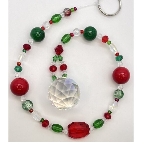 Beaded Christmas Suncatcher Red Green Clear Crystal Prism Hanging Patio Decor - Picture 3 of 10